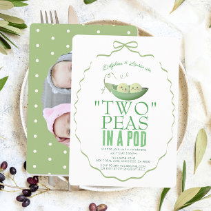 Two Peas in a Pod Bow Photo Twin 2nd Birthday Invitation