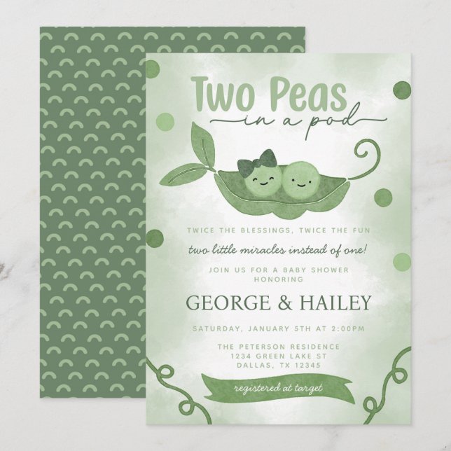 Two Peas In a Pod Twin Baby Shower Invitation (Front/Back)