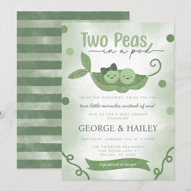 Two Peas In a Pod Twin Baby Shower Invitation (Front/Back)