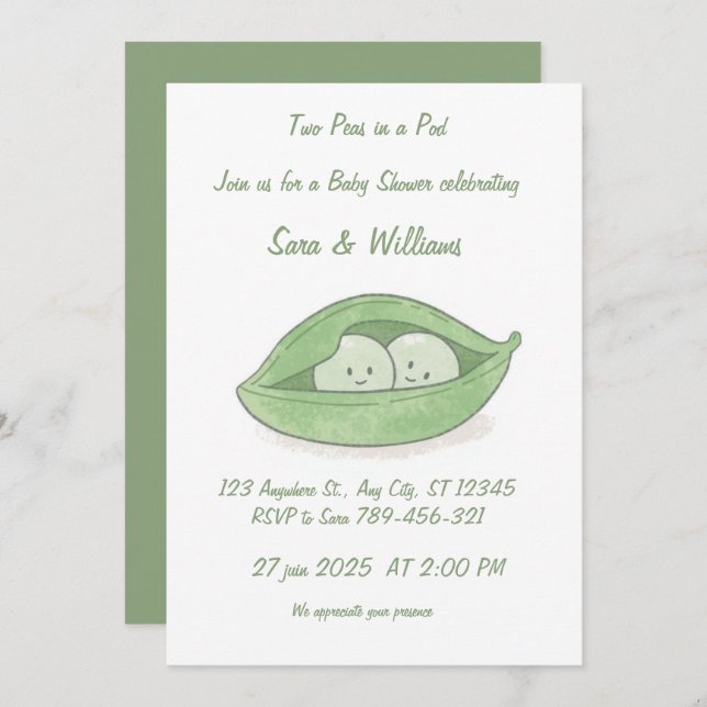 Two Peas In a Pod Twin Baby Shower Invitation (Front/Back)