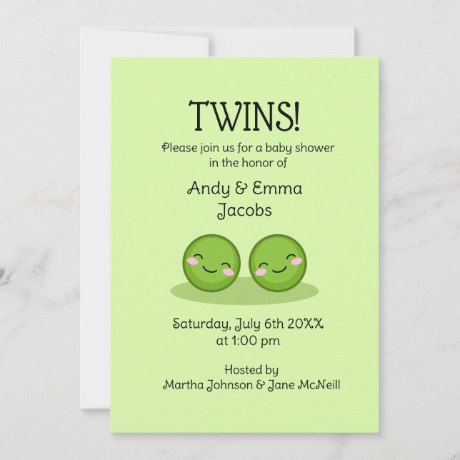 Two peas in a pod twin baby shower invitations (Front)