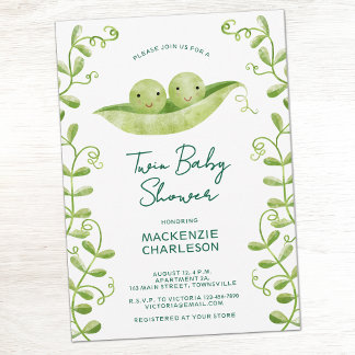 Two Peas in a Pod Twin Baby Shower Watercolor Invitation