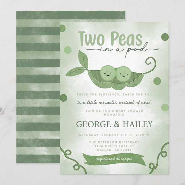 Two Peas In a Pod Twin Boys Baby Shower Invitation (Front/Back)