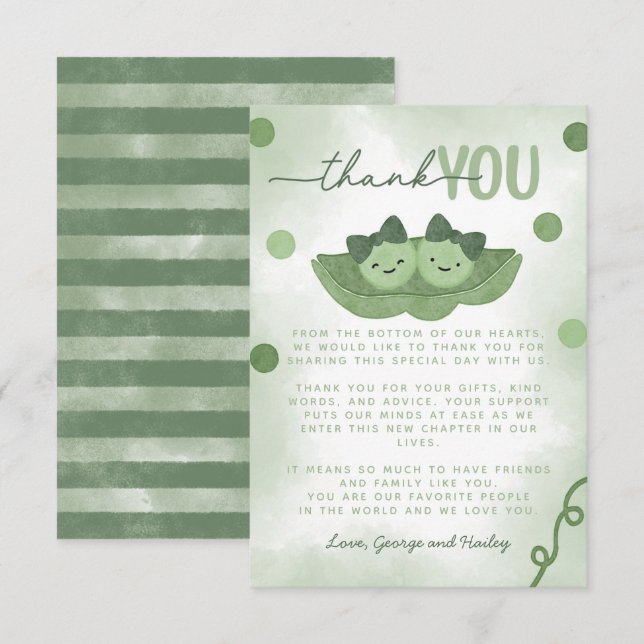 Two Peas In a Pod Twin Girl Baby Shower Thank You Card (Front/Back)