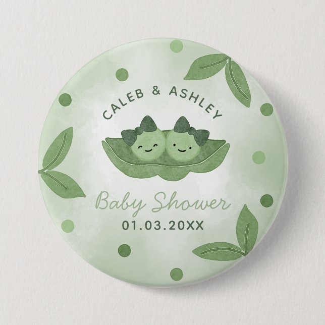 Two Peas In a Pod Twin Girls Baby Shower Button (Front)
