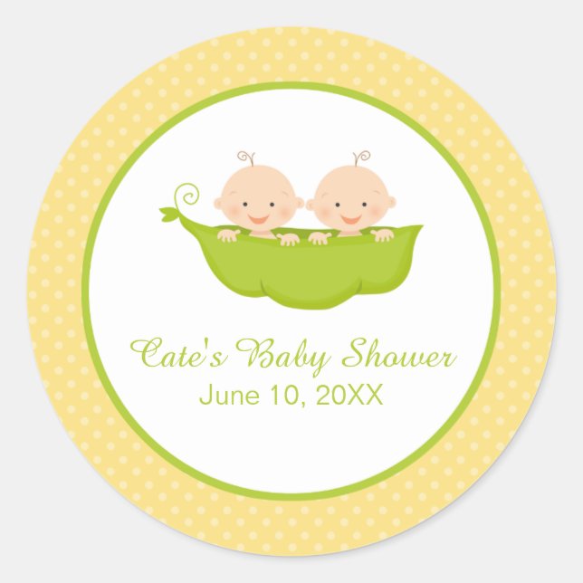 Two Peas in a Pod, Twins Baby Shower Personalised Classic Round Sticker (Front)