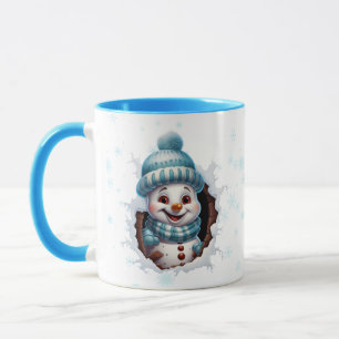 Two Peeking Snowmen In Blue Christmas Coffee Mug