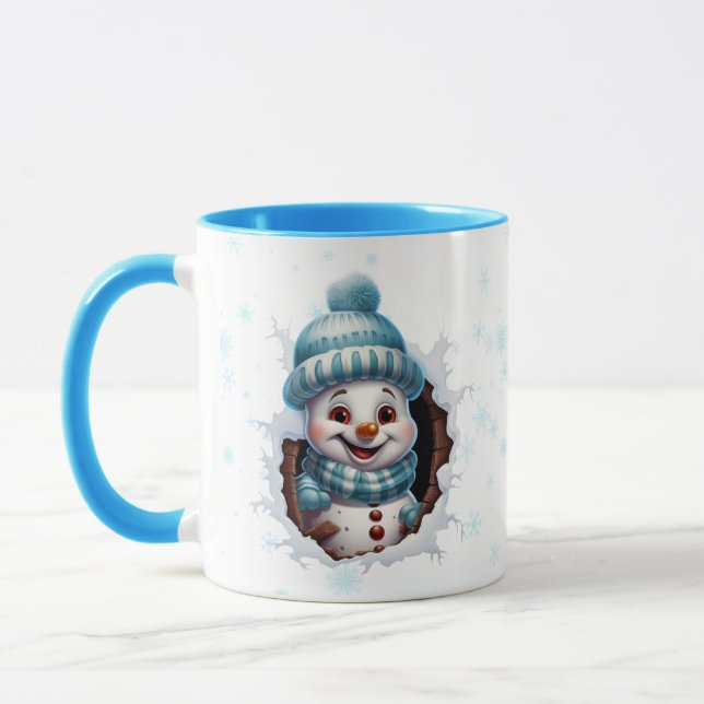 Two Peeking Snowmen In Blue Christmas Coffee Mug (Left)