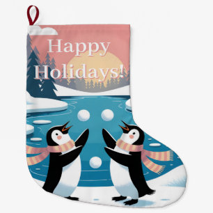 Two Penguins Juggling Snowballs in a Winter Sunset Large Christmas Stocking