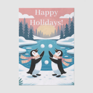 Two Penguins Juggling Snowballs in a Winter Sunset Tissue Paper