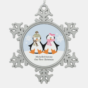 Two Penguins Military Themed Christmas Snowflake Pewter Christmas Ornament