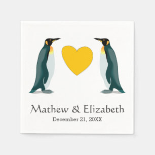 Two Penguins   Yellow Heart   Wedding Napkin