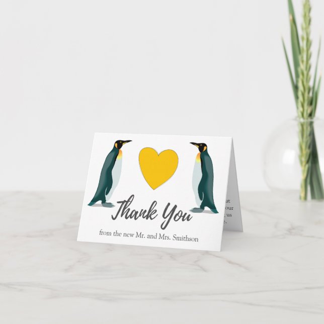 Two Penguins | Yellow Heart | Wedding Thank You (Front)
