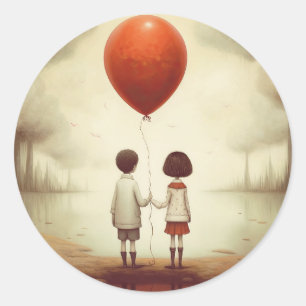 Two people holding hands with a red balloon classic round sticker
