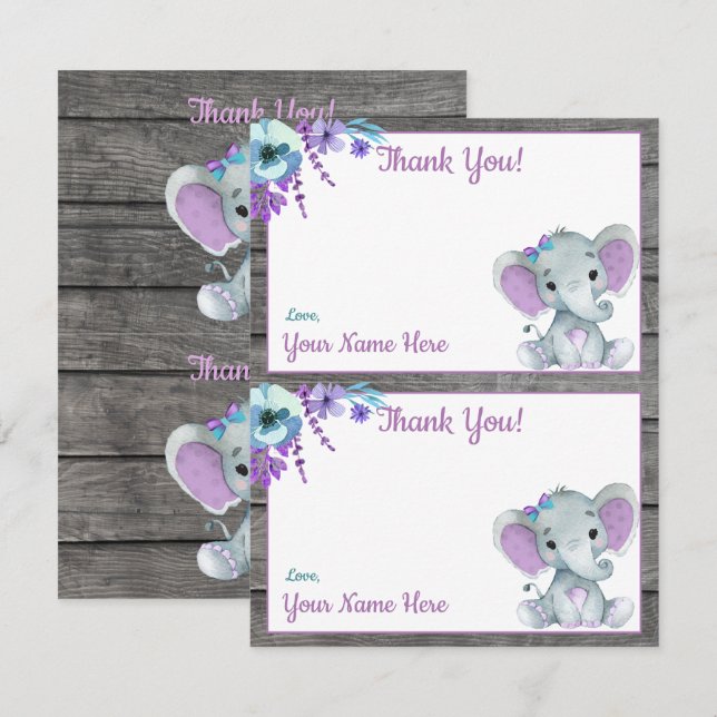 Two Per Page Thank You Cards Elephant Girl Shower (Front/Back)
