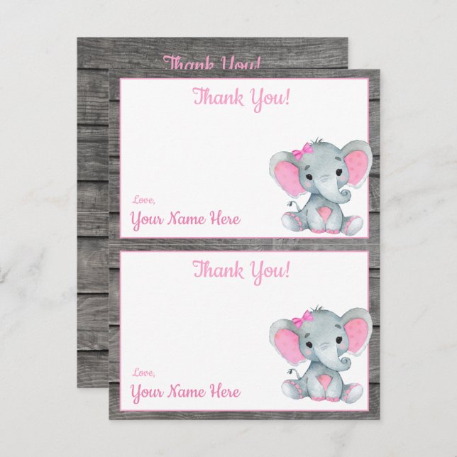 Two Per Page Thank You Cards Elephant Girl Shower (Front/Back)