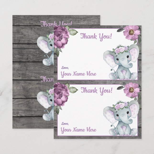 Two Per Page Thank You Cards Elephant Girl Shower (Front/Back)
