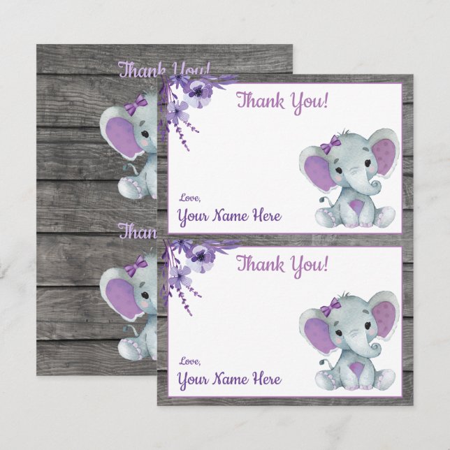 Two Per Page Thank You Cards Elephant Purple (Front/Back)