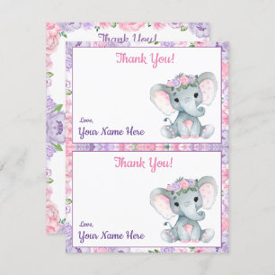Two Per Page Thank You Cards Elephant Purple Pink 