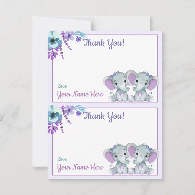Two Per Page Thank You Cards Elephant Twin Shower (Front)
