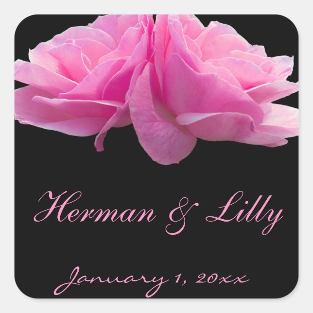 Two Perfectly Pink Roses Personalised Wedding Square Sticker (Front)