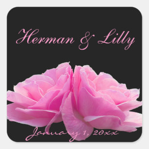 Two Perfectly Pink Roses Personalised Wedding Square Sticker