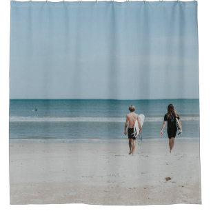 Two person walking on coast shower curtain