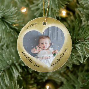 Two Photo Baby First Christmas Date Heart Ceramic Tree Decoration
