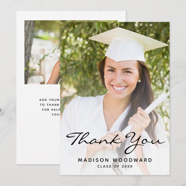 Two-Photo Black Script Graduation Thank You Card (Front/Back)