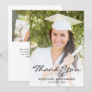 Two-Photo Black Script Graduation Thank You Card