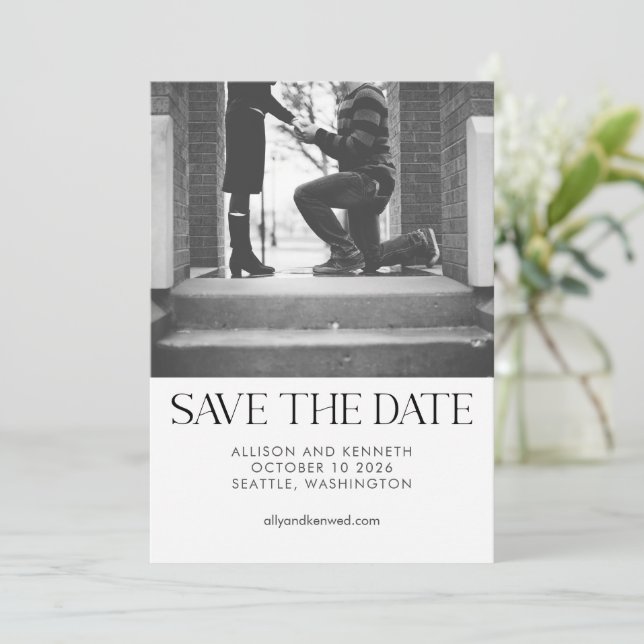Two Photo Black White Elegant Chic Wedding Save The Date (Standing Front)