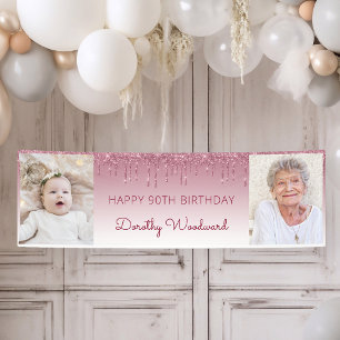 Two Photo Burgundy Dripping Glitter 90th Birthday Banner