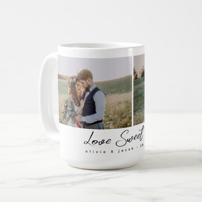 Two Photo Calligraphy Love Sweet Love Newlywed Coffee Mug (Front Left)