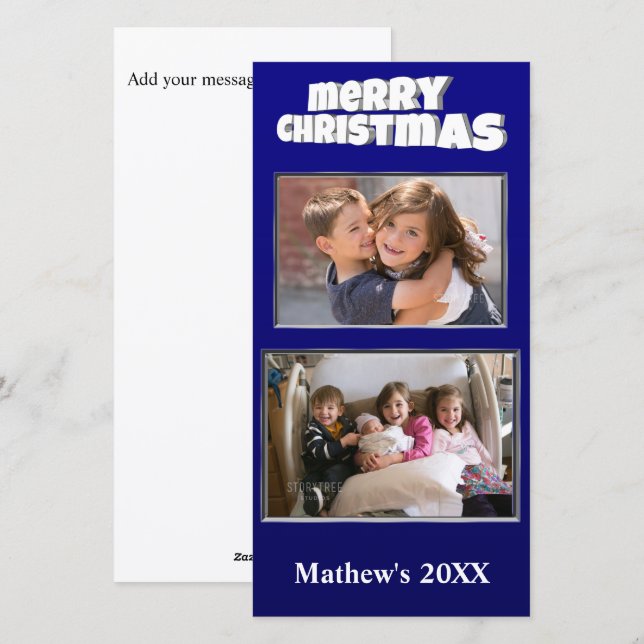 Two Photo Christmas Blue Add Message Back Family Holiday Card (Front/Back)