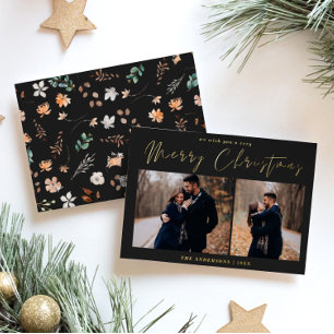 Two Photo Christmas, Botanical Watercolor Floral   Foil Holiday Card