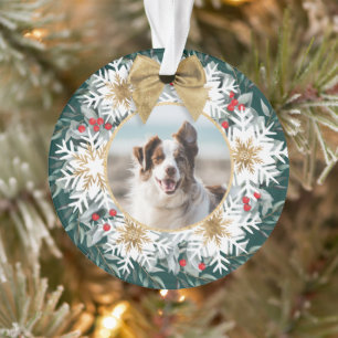 Two Photo Christmas Festive Snowflake Green Wreath Ornament