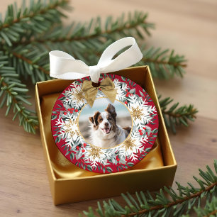 Two Photo Christmas Festive Snowflake Red Wreath Ornament