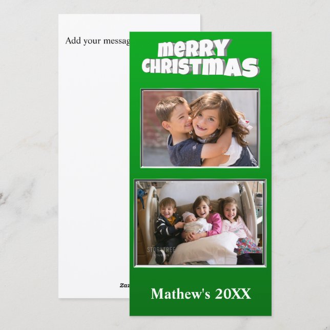 Two Photo Christmas Green Add Message Back Family Holiday Card (Front/Back)