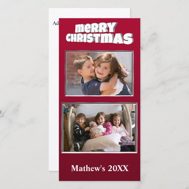 Two Photo Christmas Red Add Message on Back Family Holiday Card (Front/Back)