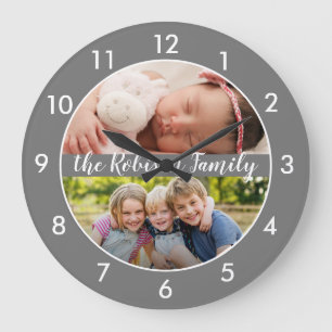 Two Photo Collage Gray Custom Large Clock
