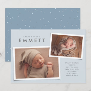 Two photo collage simple type blue birth announcement