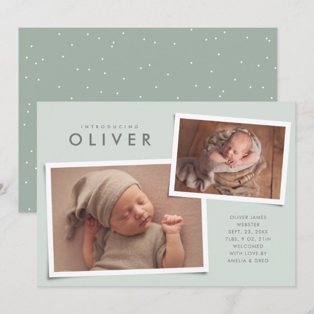 Two photo collage simple type green birth announcement (Front/Back)