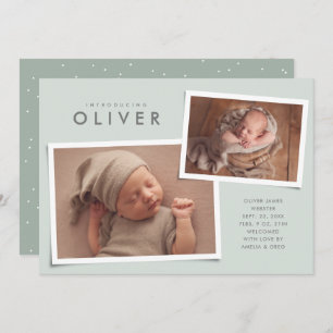 Two photo collage simple type green birth announcement
