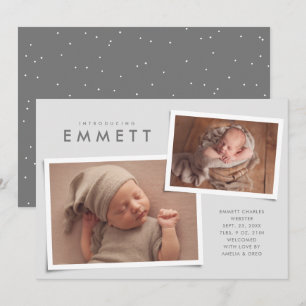 Two photo collage simple type grey birth announcement