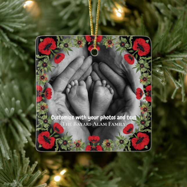 Two Photo Custom Text Red Poppies Free Palestine Ceramic Ornament (Tree)
