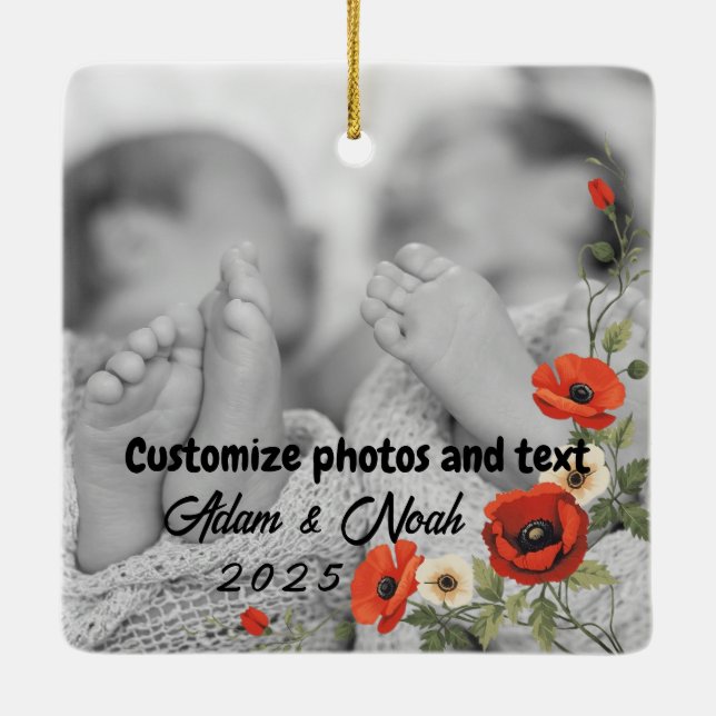 Two Photo Custom Text Red Poppies Free Palestine Ceramic Ornament (Back)