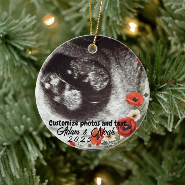 Two Photo Custom Text Red Poppies Free Palestine Ceramic Tree Decoration (Tree)