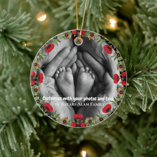 Two Photo Custom Text Red Poppies Free Palestine Ceramic Tree Decoration (Tree)