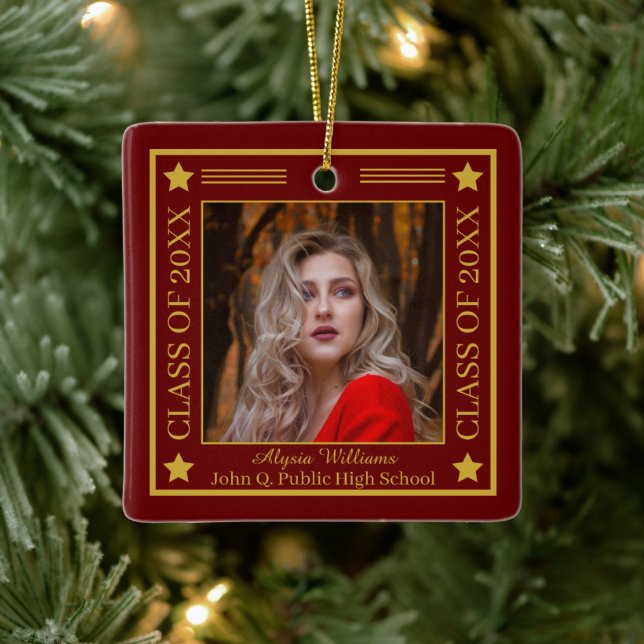 Two Photo Dk Red | Gold Class of 2023 Graduation Ceramic Ornament (Tree)