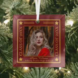 Two Photo Dk Red Gold Class of 2023 Graduation Glass Tree Decoration